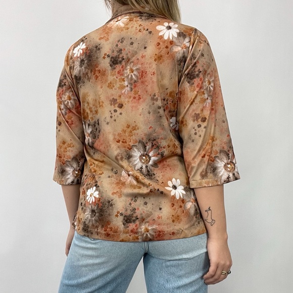 Vintage Handmade Floral Cropped Sleeve Collared Top - Picture 2 of 6